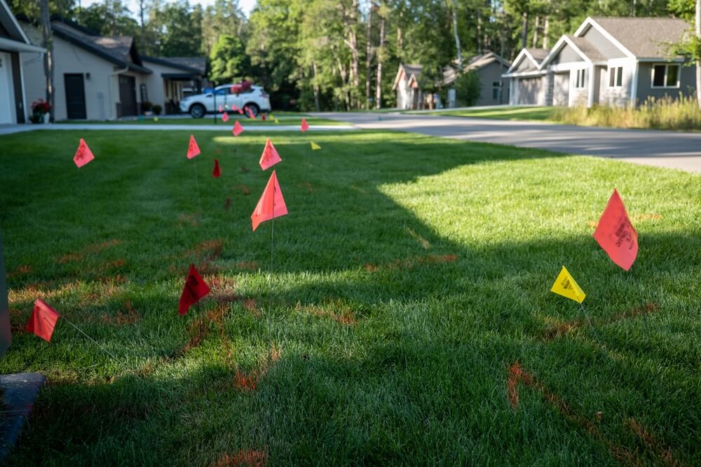 utility marking flags underground pipes and cables under home residential lawn 