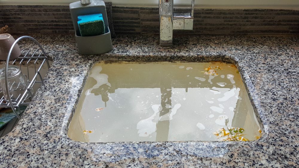 clogged kitchen sink filled with dirty water and grime